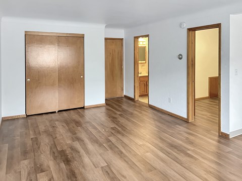 A room with wooden floors and three wooden doors.